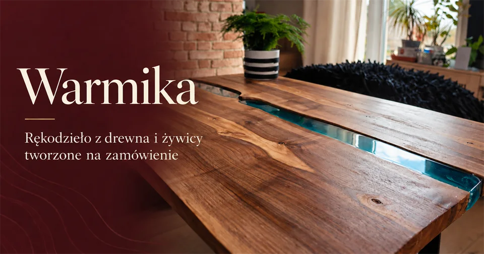 Grafika projektu Warmika z blatem z naturalnego drewna i turkusowej żywicy.