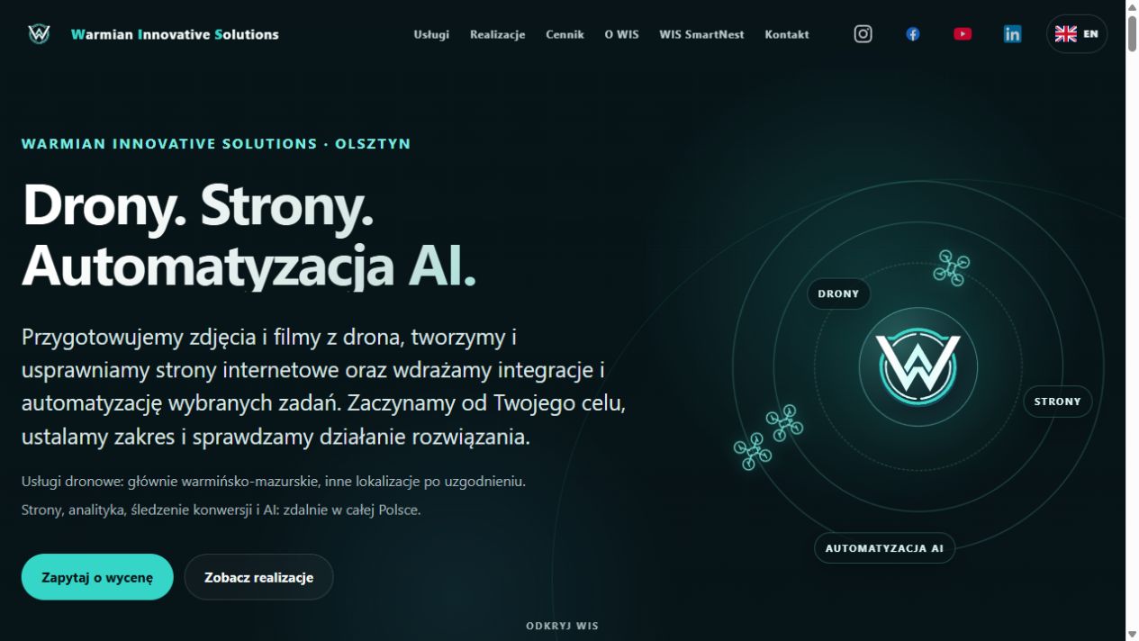 Podgląd początku one-pagera WIS z ofertą dronów, stron i automatyzacji AI.